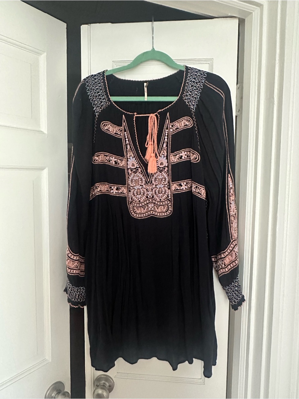 Free People Black Tunic with Pink Embroidered Accents